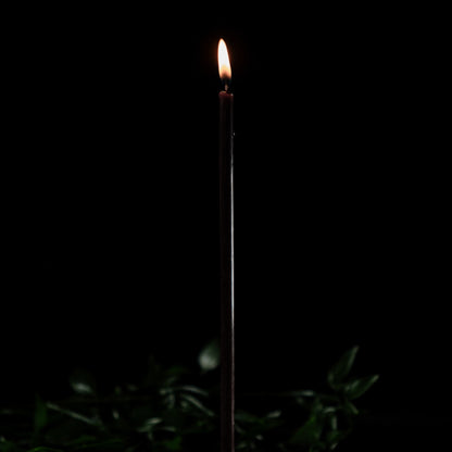 Black beeswax taper candles 7.3″, single lit taper on a dark background