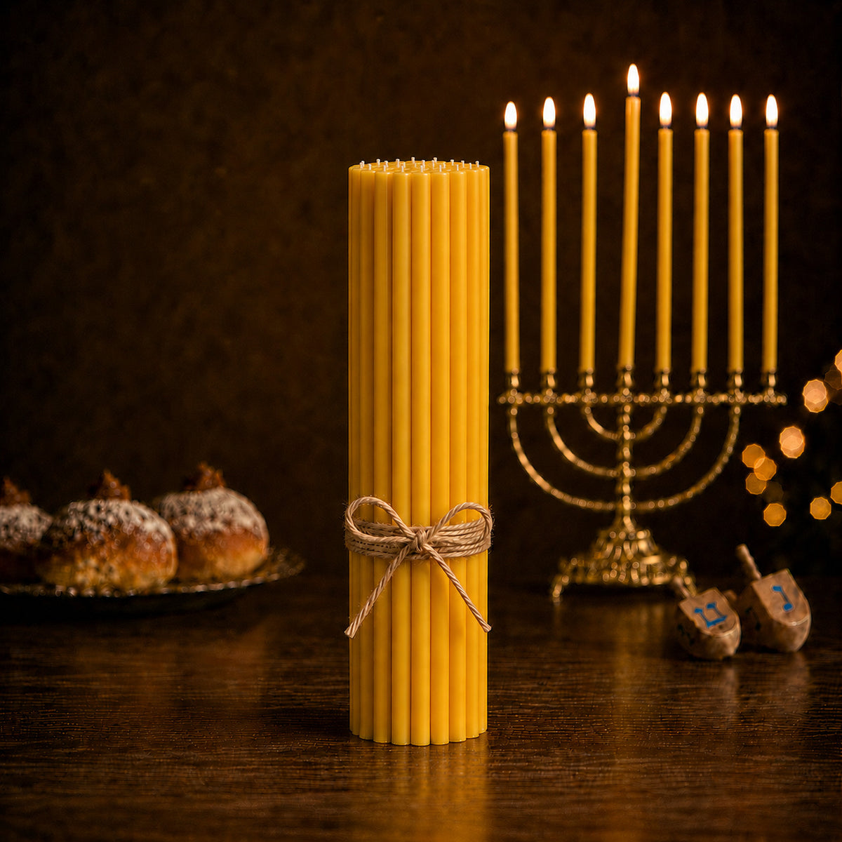 Closterra set of 45 natural beeswax Hanukkah candles beside a menorah, enough for all 8 nights