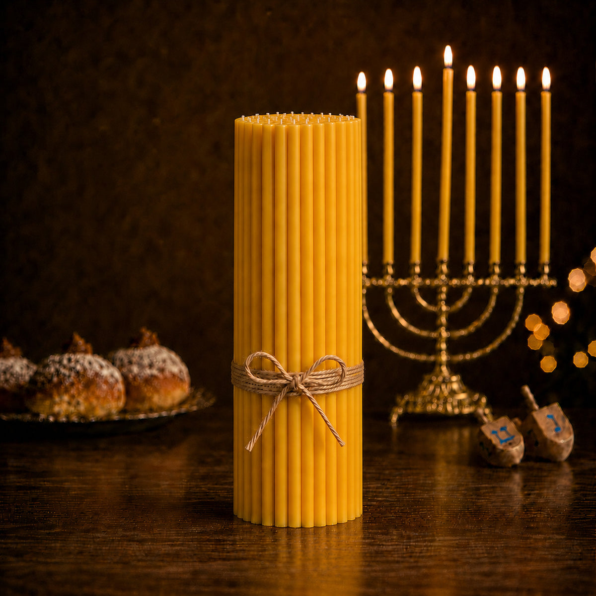 Closterra set of 90 tall natural beeswax Hanukkah candles beside a menorah