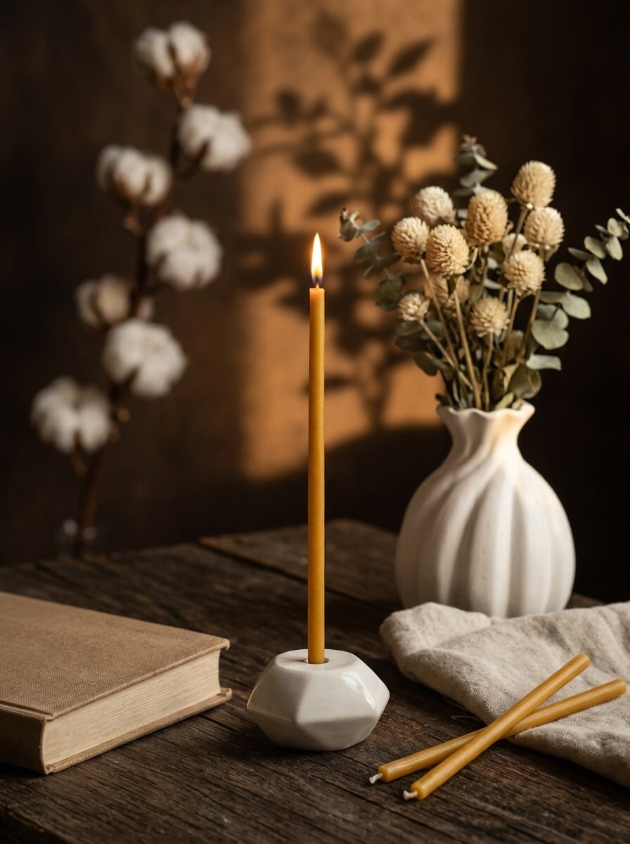 A lit Closterra beeswax taper with cotton and eucalyptus