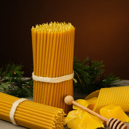 Natural yellow beeswax taper candles 10.4″, bundles with a honey dipper and beeswax pieces