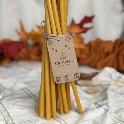 Natural yellow beeswax taper candles 11.6″, upright bundle of 20 with Closterra tag