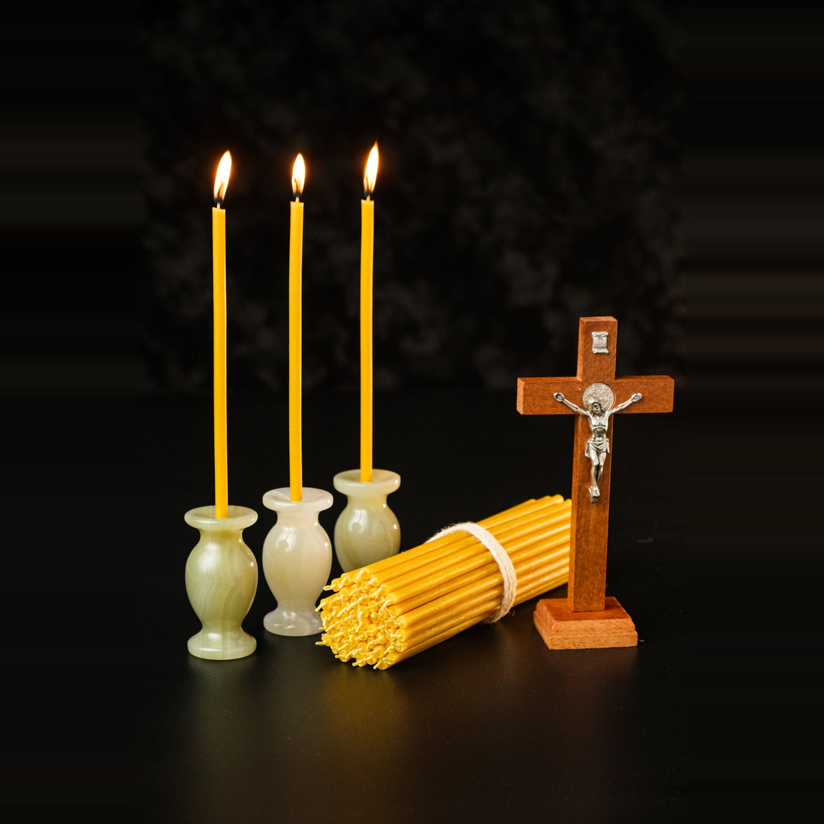6.3 inch pure beeswax Orthodox church taper candles with cross and candle holders