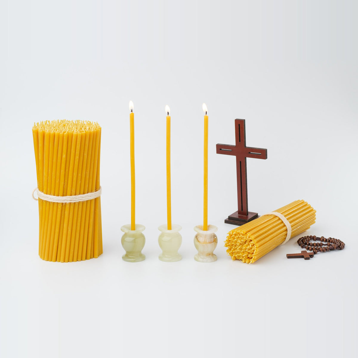 6.3 inch pure beeswax Orthodox church taper candles with cross and candle holders