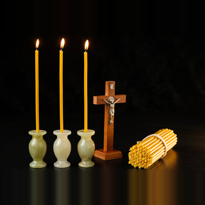 6.5 inch pure beeswax Orthodox church taper candles with cross and candle holders