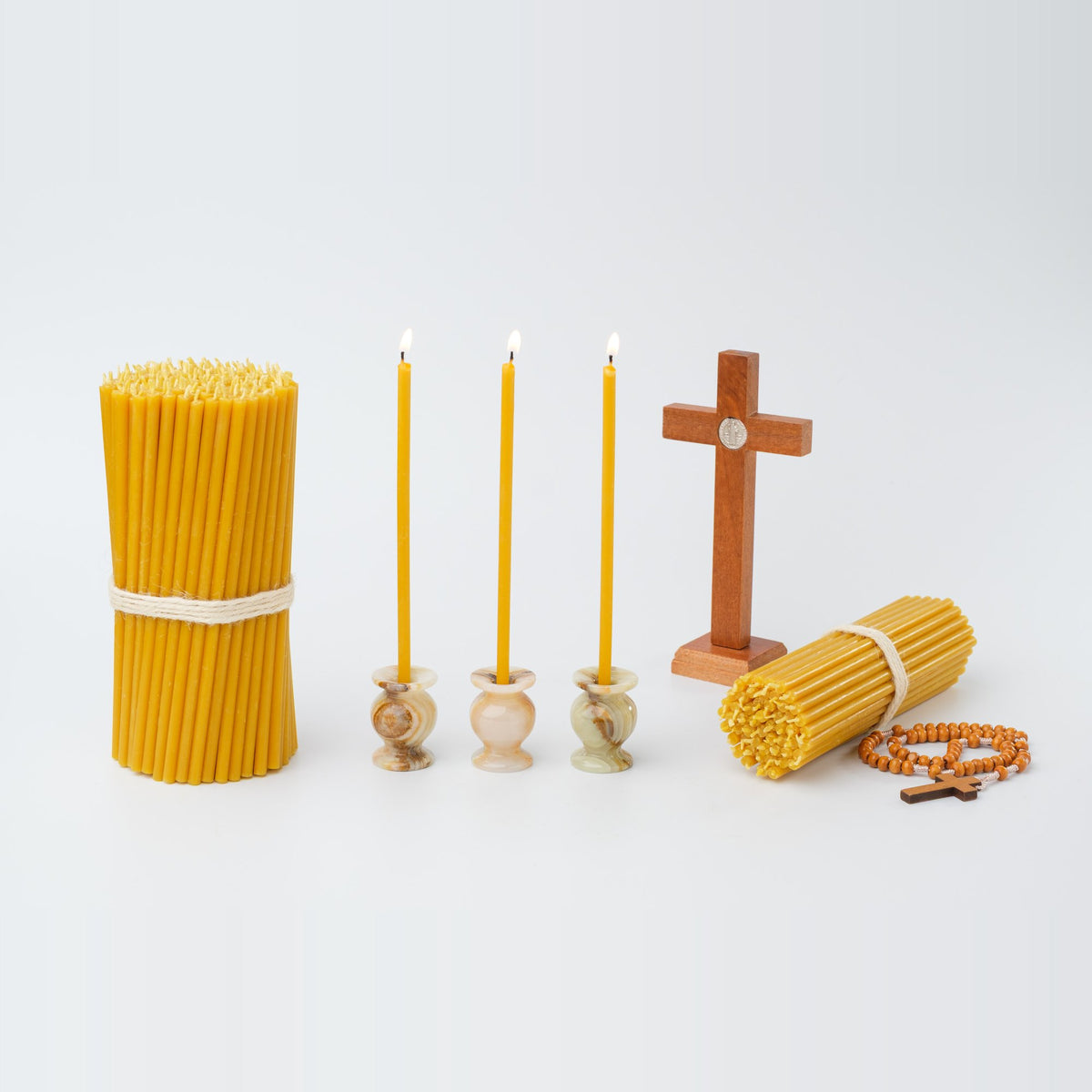 6.5 inch pure beeswax Orthodox church taper candles with cross and candle holders