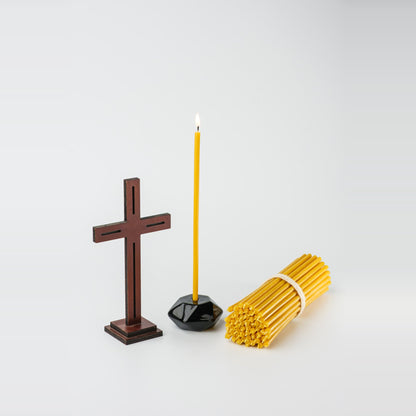 6.5 inch pure beeswax Orthodox church taper candles with cross and candle holders