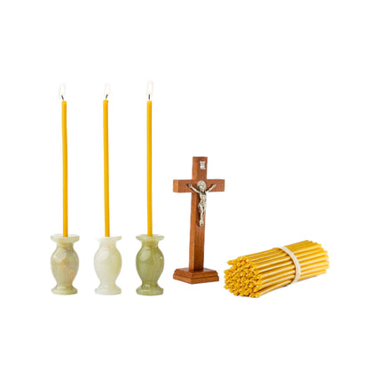 7.3 inch pure beeswax Orthodox church taper candles with cross and candle holders