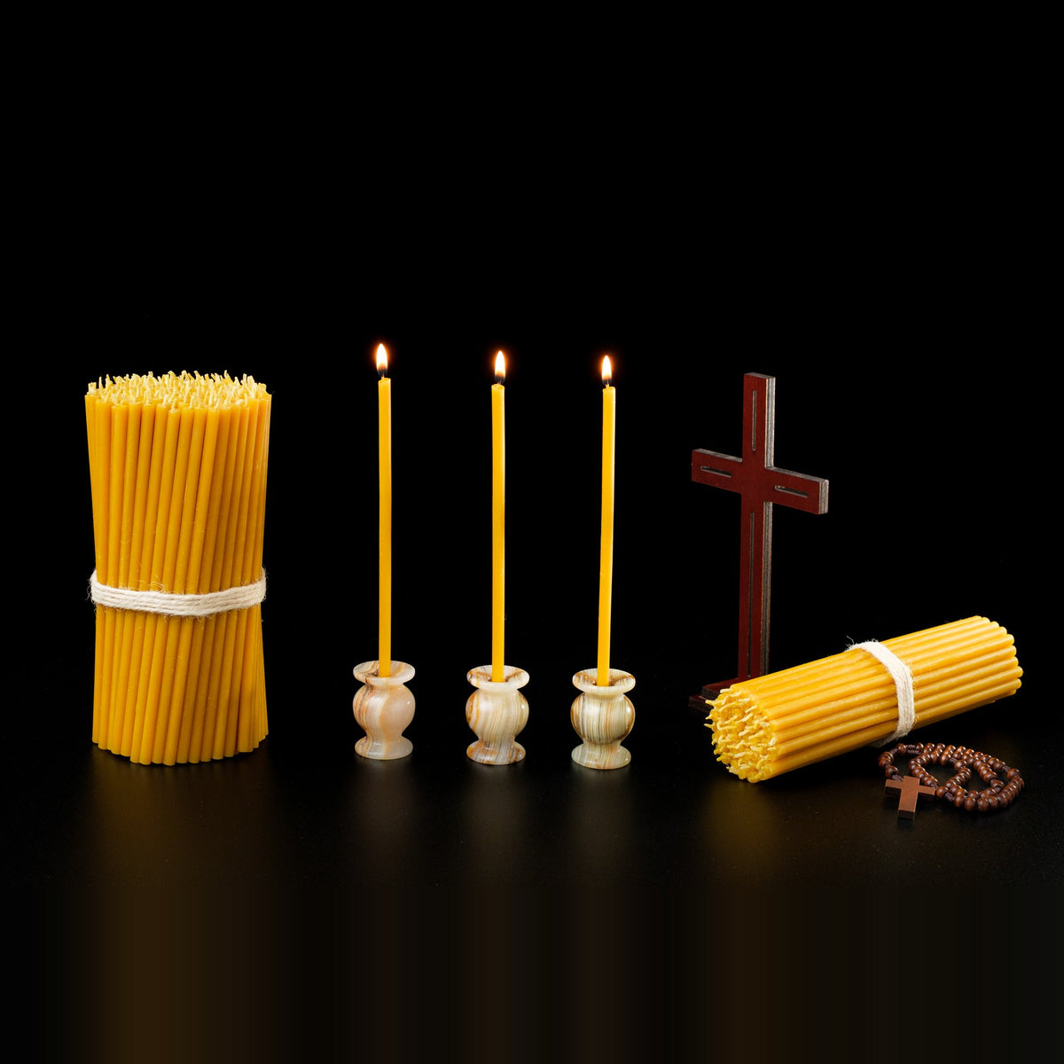 7.3 inch pure beeswax Orthodox church taper candles with cross and candle holders