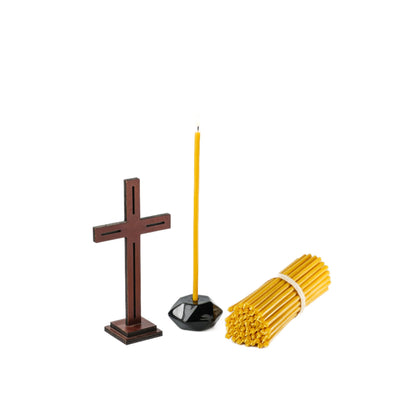 7.3 inch pure beeswax Orthodox church taper candles with cross and candle holders