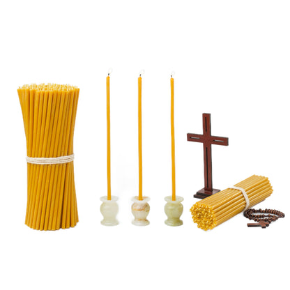 8 inch pure beeswax Orthodox church taper candles with cross and candle holders