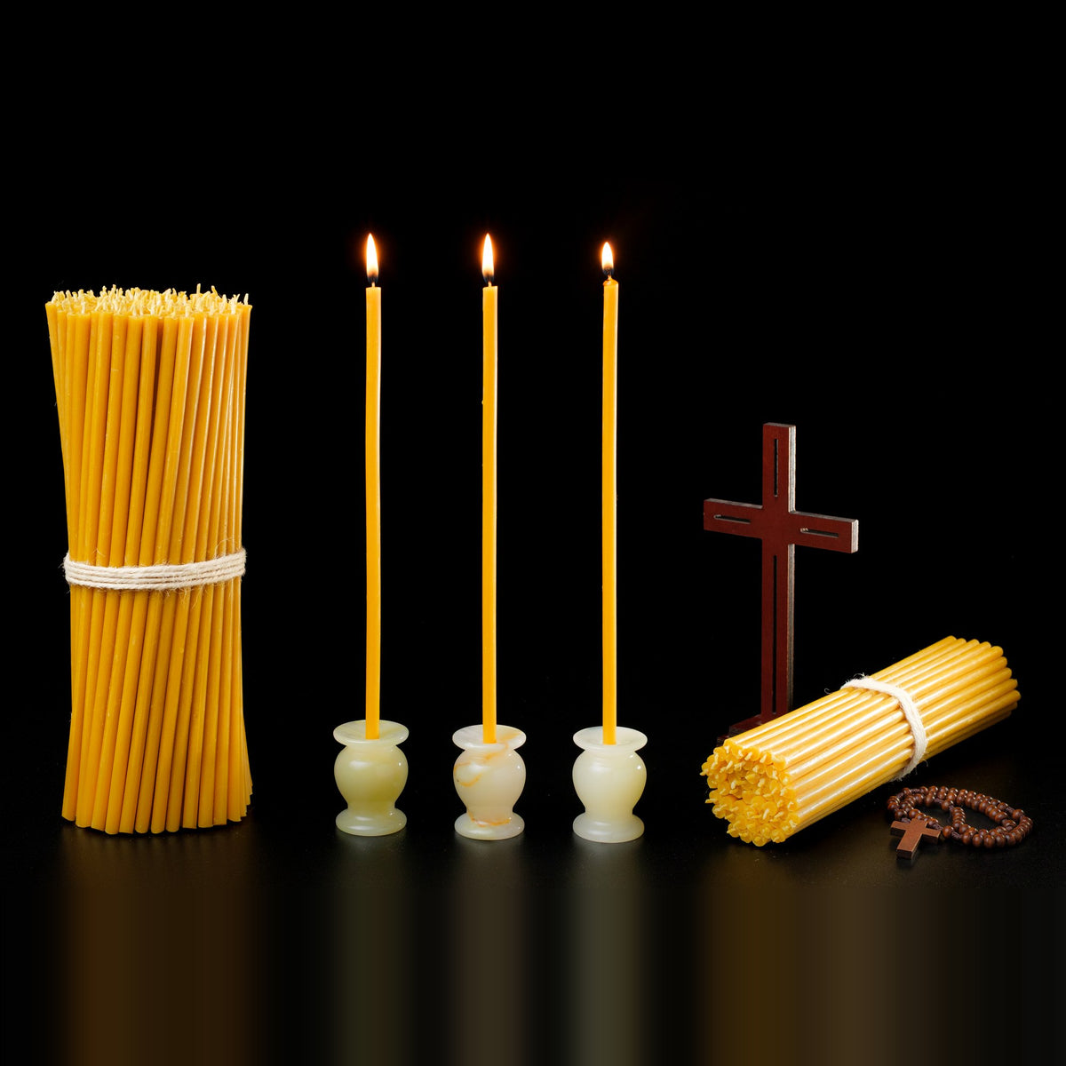 8 inch pure beeswax Orthodox church taper candles with cross and candle holders