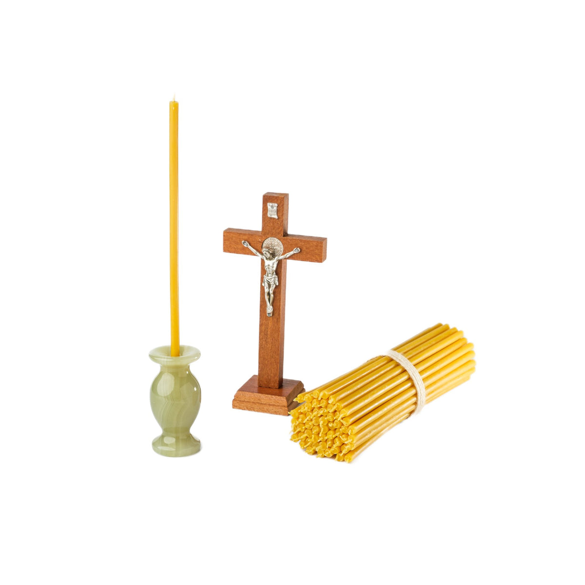 8 inch pure beeswax Orthodox church taper candles with cross and candle holders