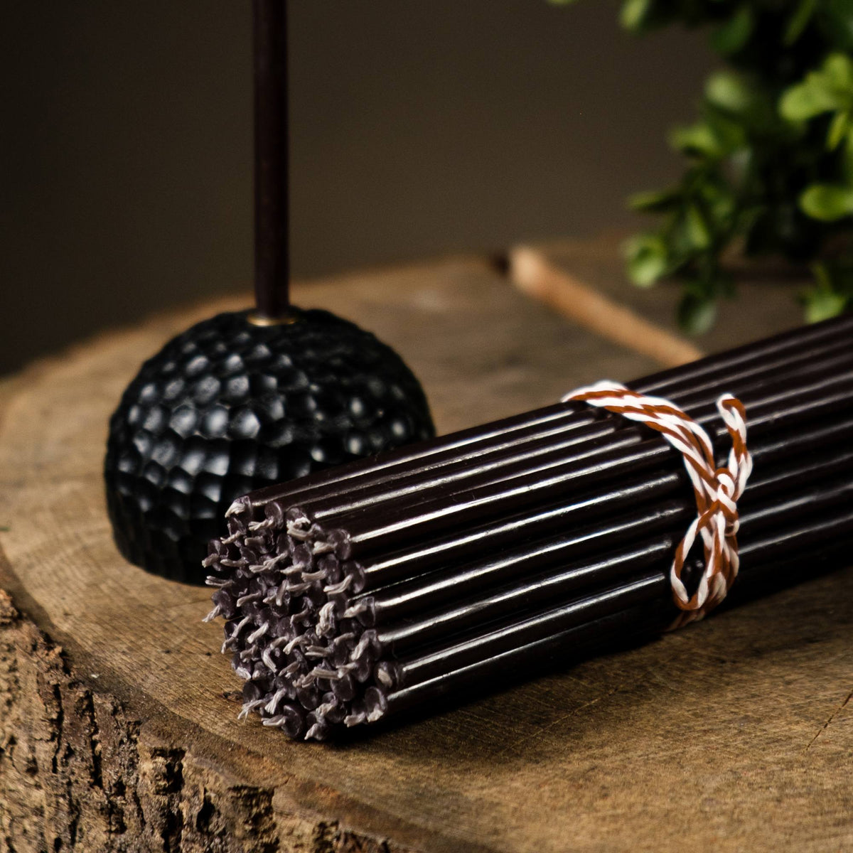 Closterra thin black beeswax taper candles, a bundle of tapers tied together