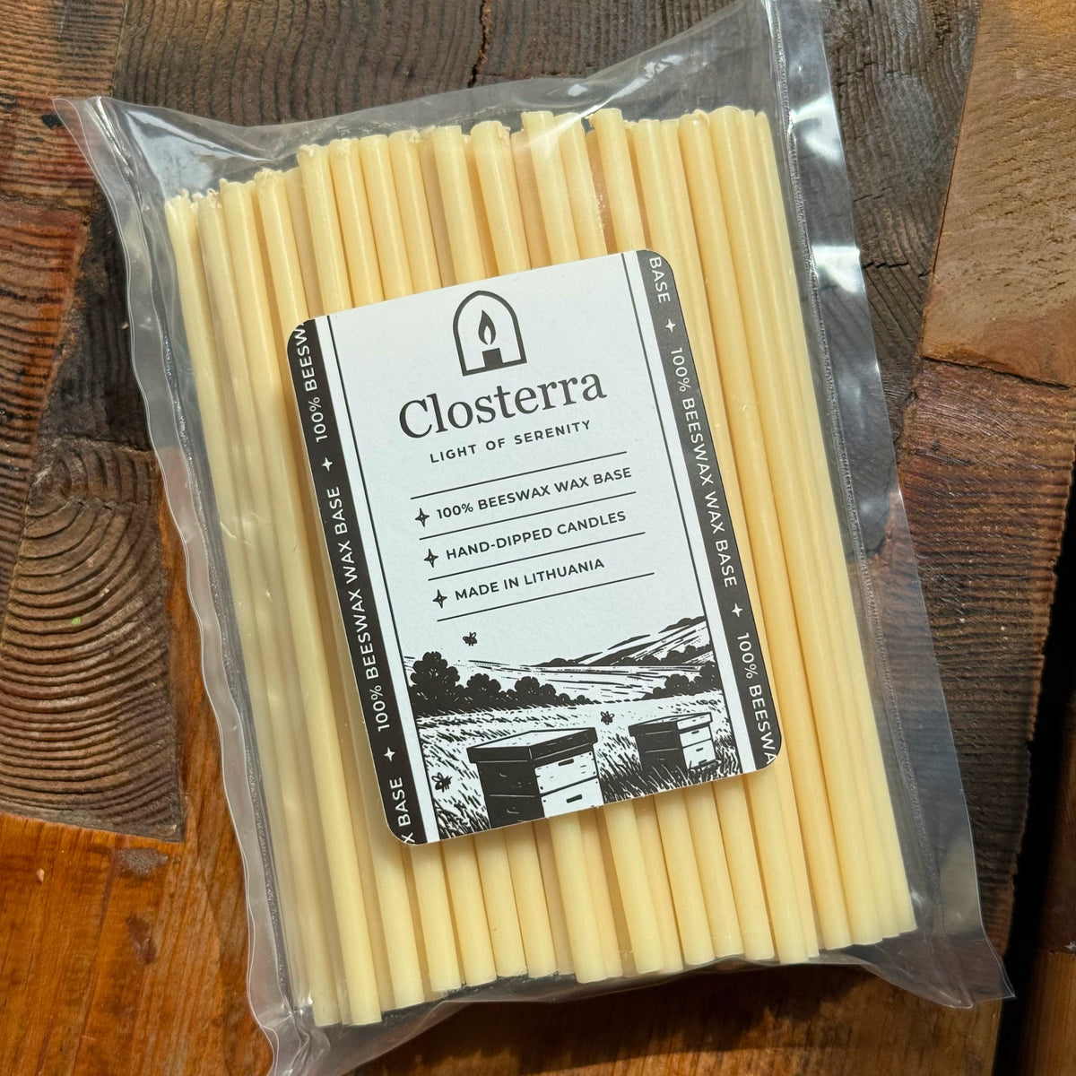 White beeswax taper candles 6.5″, pack of 100 in Closterra packaging