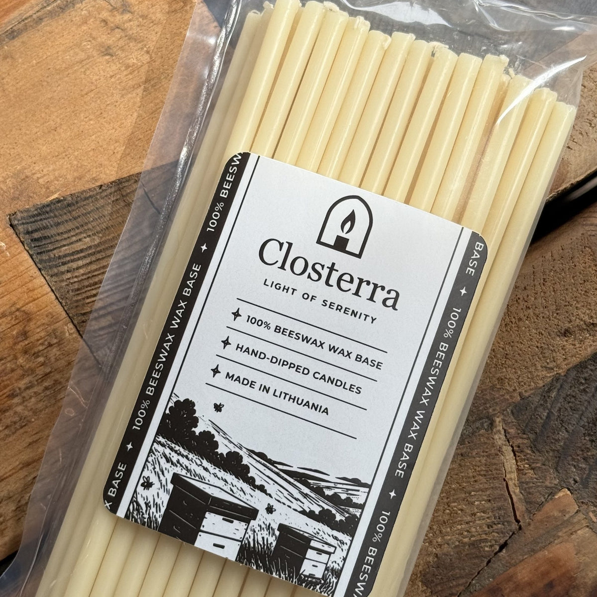 White beeswax taper candles 7.3″, pack of 50 in Closterra packaging