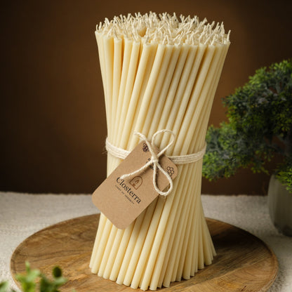 White beeswax taper candles 7.3″, bundle with a Closterra tag on a wooden tray