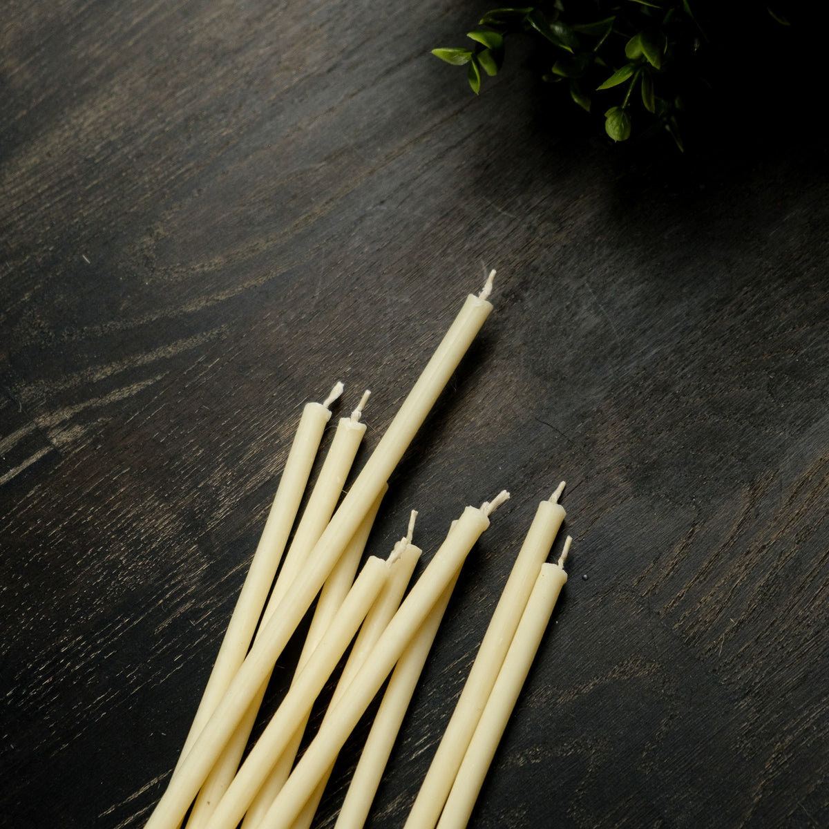 White beeswax taper candles 7.3″, loose tapers on dark wood