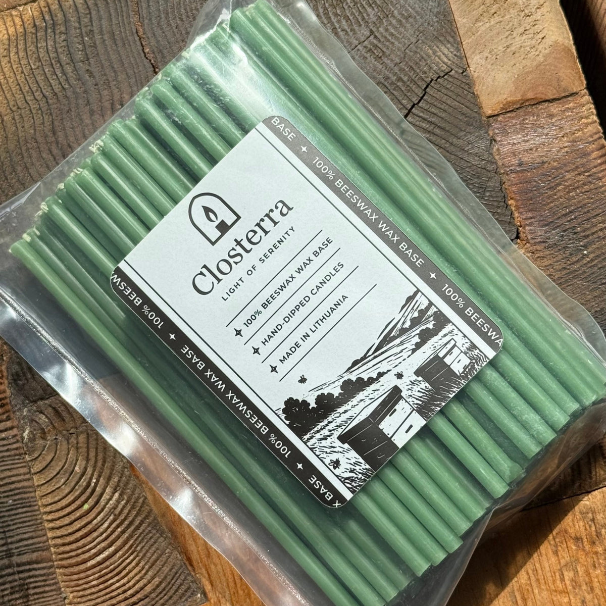 6.5 inch green beeswax ritual candles, pack of 100 in Closterra packaging