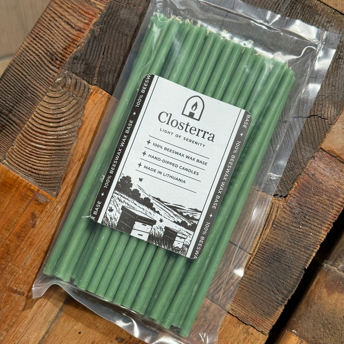 7.3 inch green beeswax ritual candles, pack of 50 in Closterra packaging
