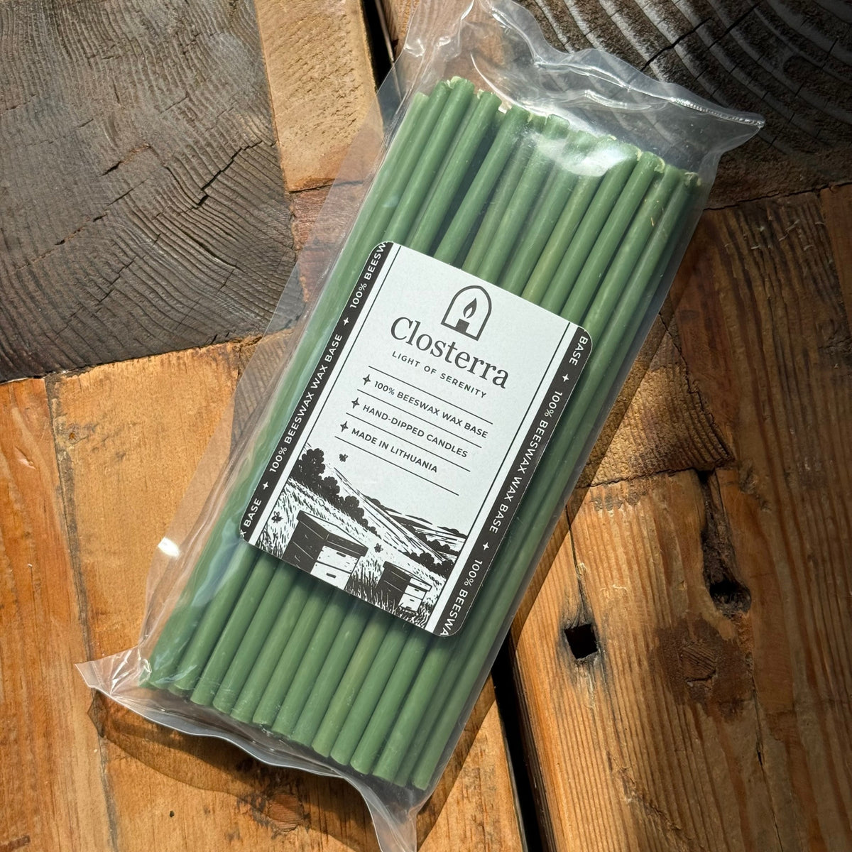 8 inch green beeswax ritual candles, pack of 50 in Closterra packaging
