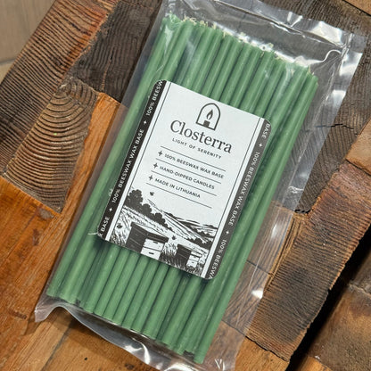 Green beeswax taper candles 7.3″, in closterra packaging