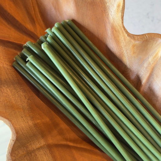 Green beeswax taper candles 8″, in carved wood tray