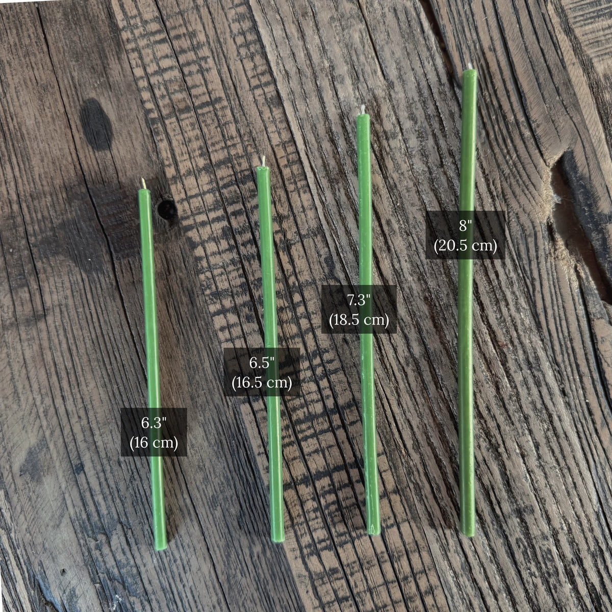 Green beeswax taper candles size comparison chart