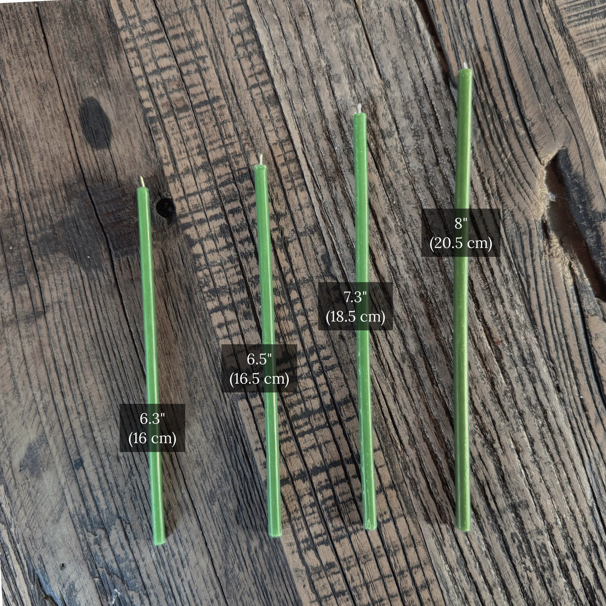 Green beeswax ritual candles size comparison chart