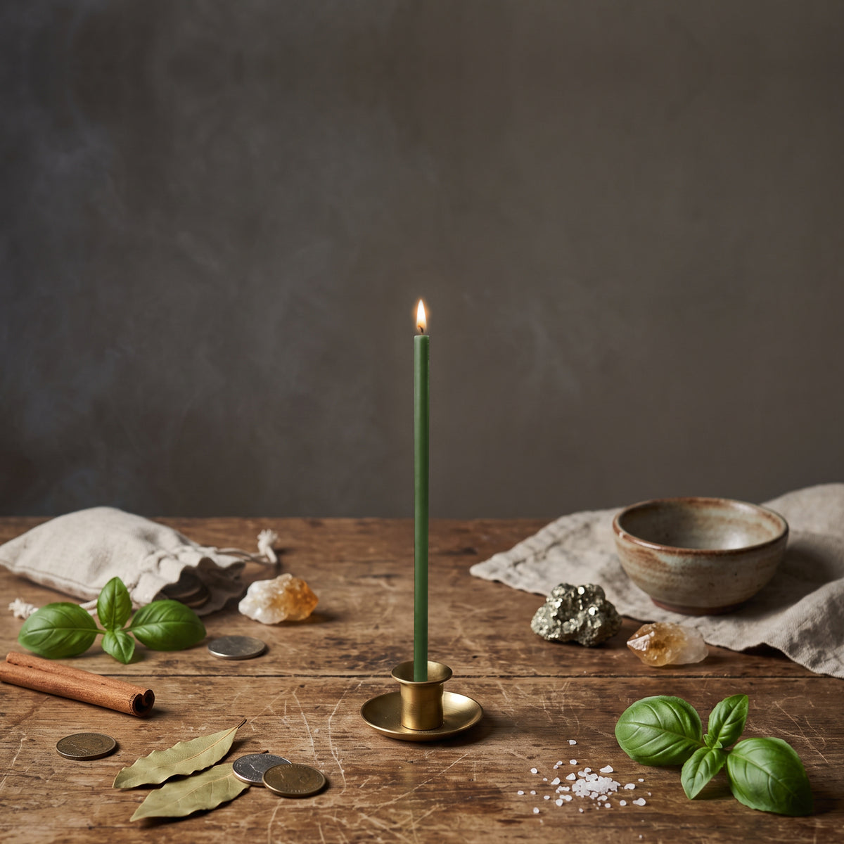 Green thin beeswax ritual candle for Money & Abundance, 6.5 inch, lit in a brass holder with coins, basil, bay leaves, pyrite and citrine, Closterra