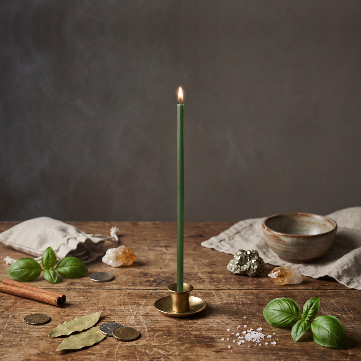 Green thin beeswax ritual candle for Money & Abundance, 8 inch, lit in a brass holder with coins, basil, bay leaves, pyrite and citrine, Closterra