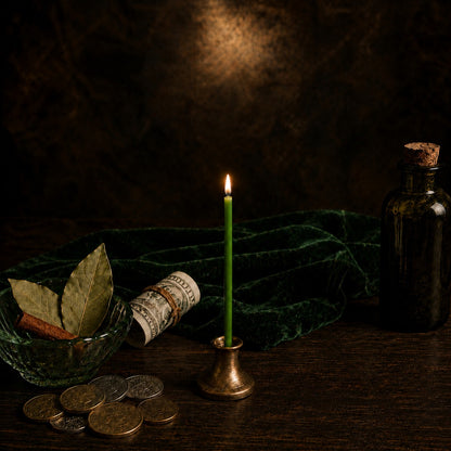 Green beeswax ritual candle for Money & Abundance, 6.3 inch, Closterra