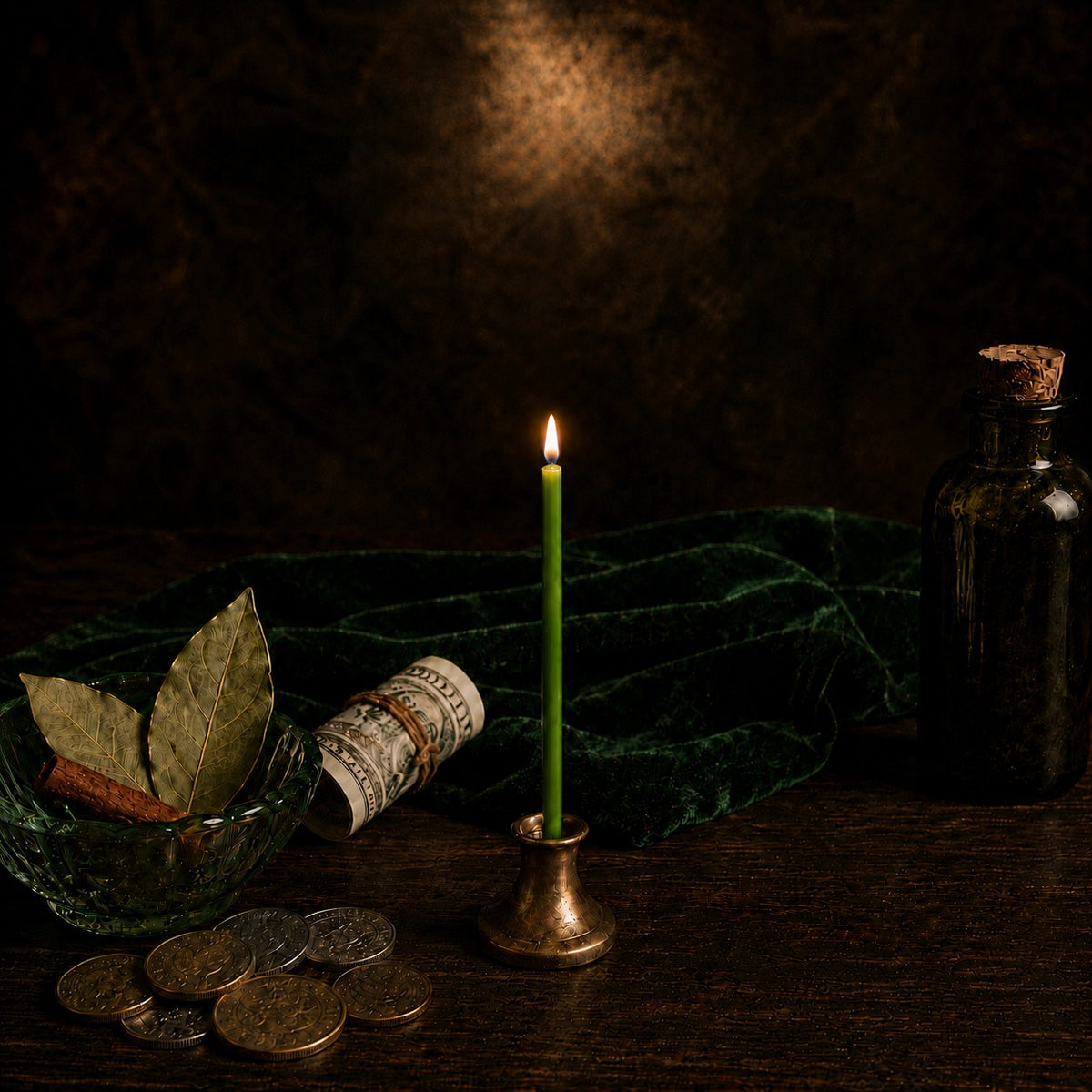 Green beeswax ritual candle for Money & Abundance, 6.5 inch, Closterra