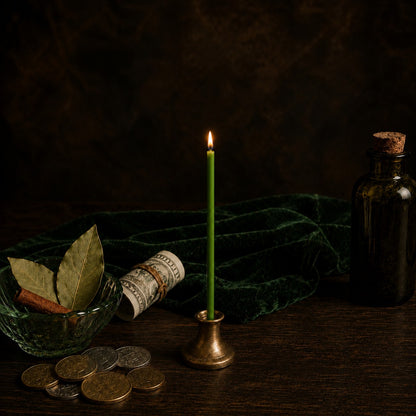 Green beeswax ritual candle for Money & Abundance, 7.3 inch, Closterra