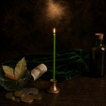 Green beeswax ritual candle for Money & Abundance, 8 inch, Closterra