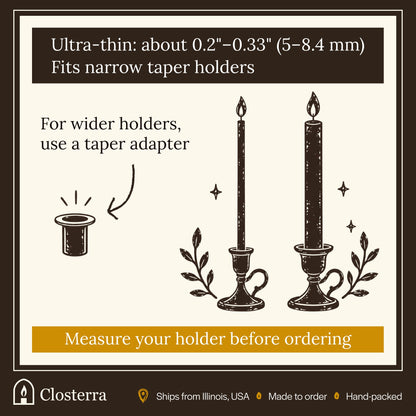 Ultra-thin beeswax tapers fit narrow taper holders