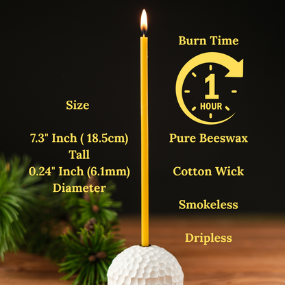 7.3" Thin Pure Beeswax Taper Candles 0.24" Diameter | 60 Minutes Burn.