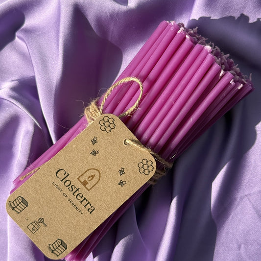 Purple beeswax taper candles 6.3″, bundle of 100 with Closterra tag on lilac satin