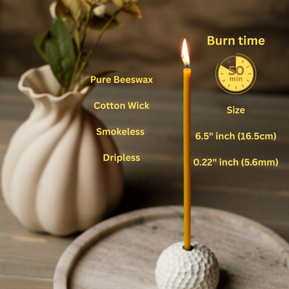 6.5" Thin Beeswax Taper Candles  | 0.22 Diameter, 50 Min Clean Burn.