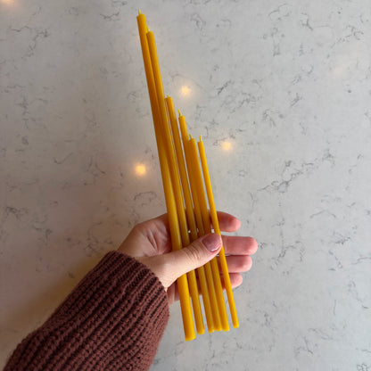 Natural beeswax taper candles 11.6″, held in hand