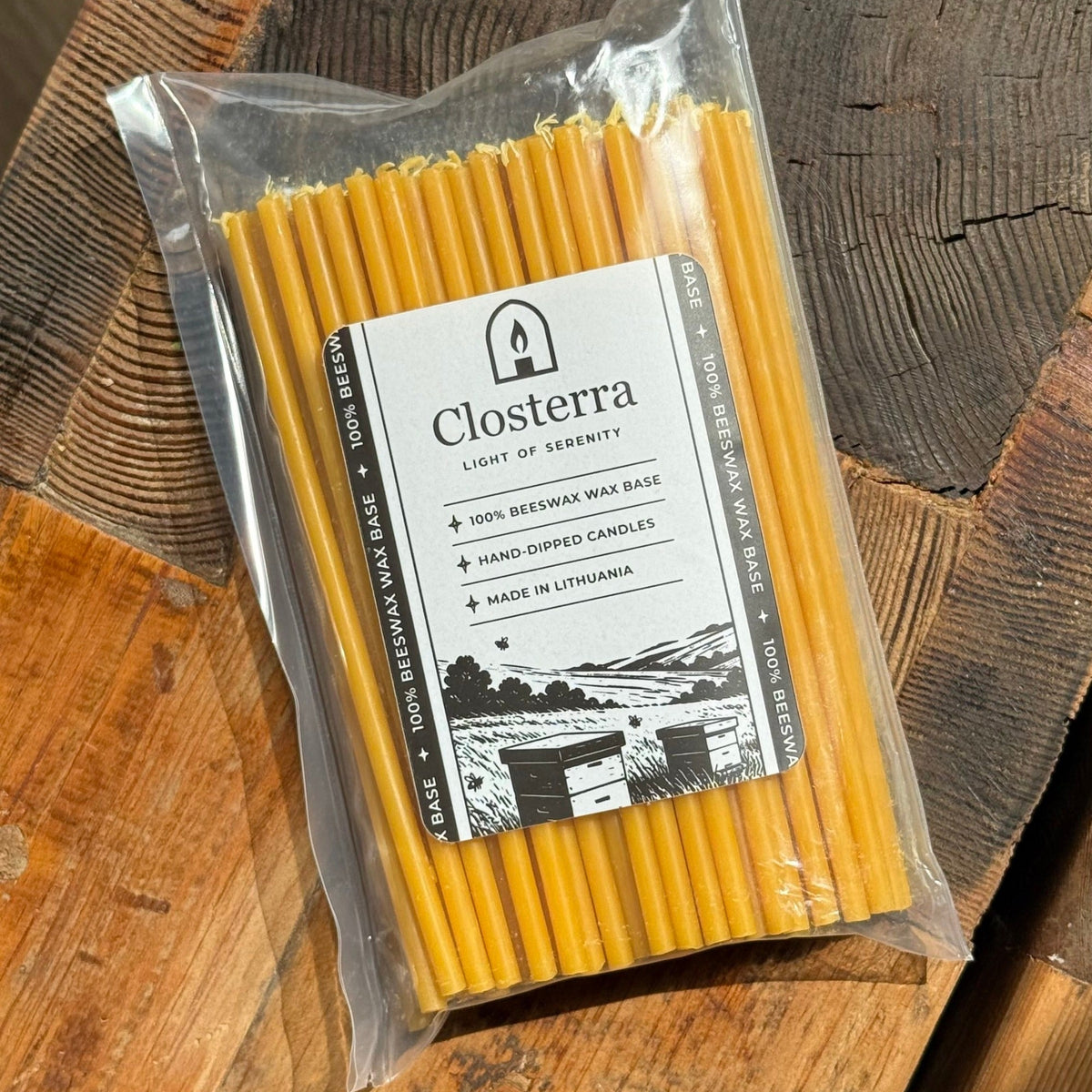 6.3 inch pure beeswax Orthodox church taper candles in Closterra packaging