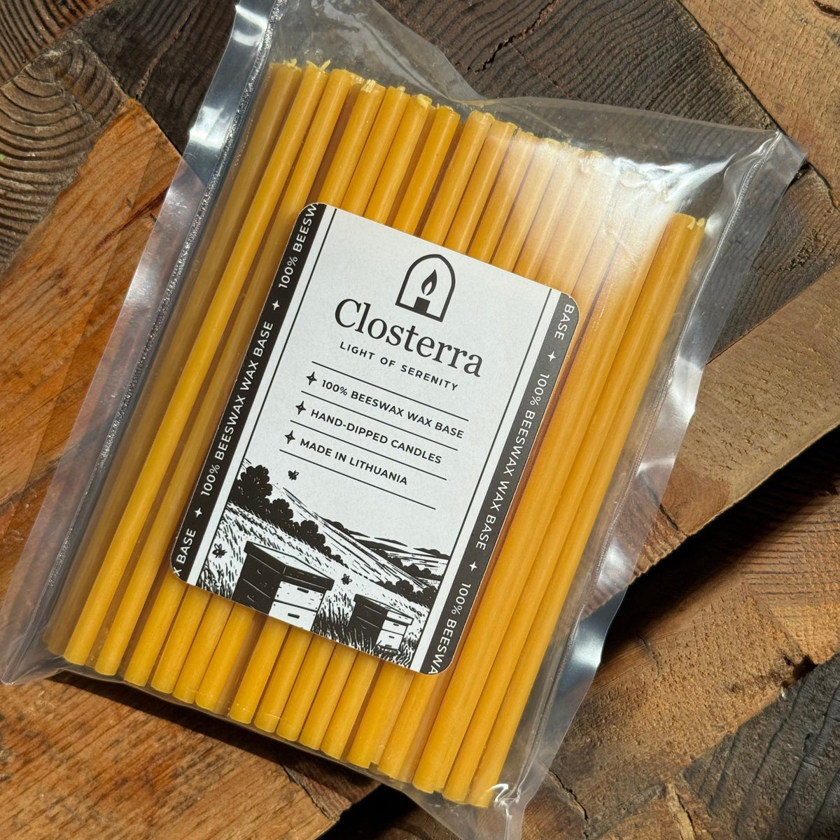 6.5 inch pure beeswax Orthodox church taper candles in Closterra packaging