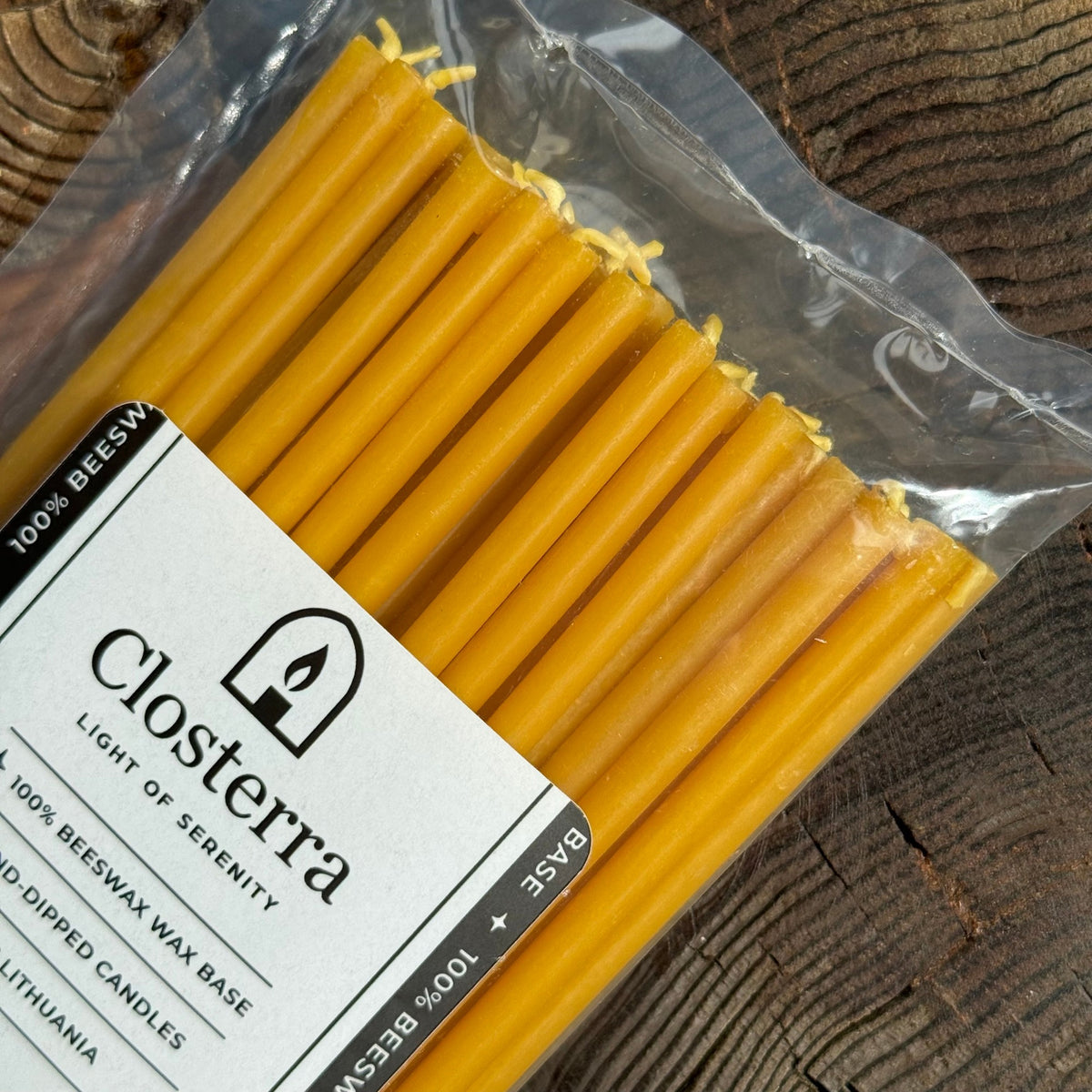 Natural beeswax taper candles 7.3″, closeup label closterra