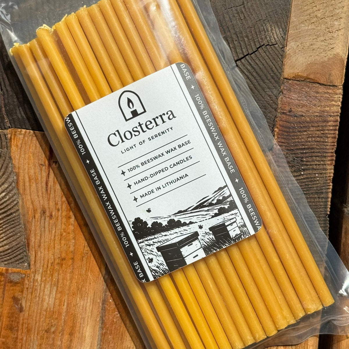 Natural beeswax taper candles 8″, in closterra packaging