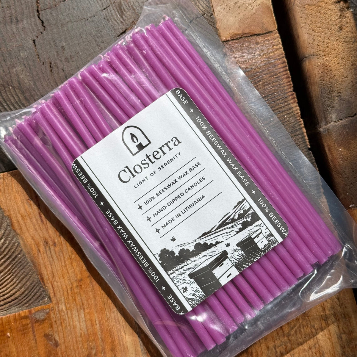 6.3 inch purple beeswax ritual candles, pack of 100 in Closterra packaging