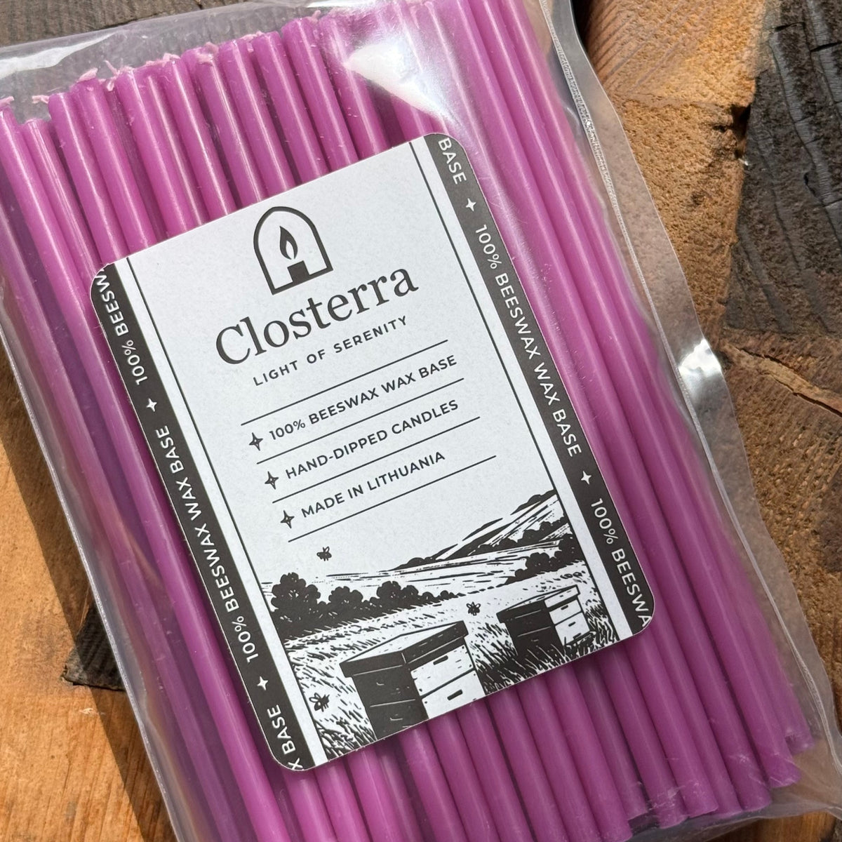 6.5 inch purple beeswax ritual candles, pack of 100 in Closterra packaging