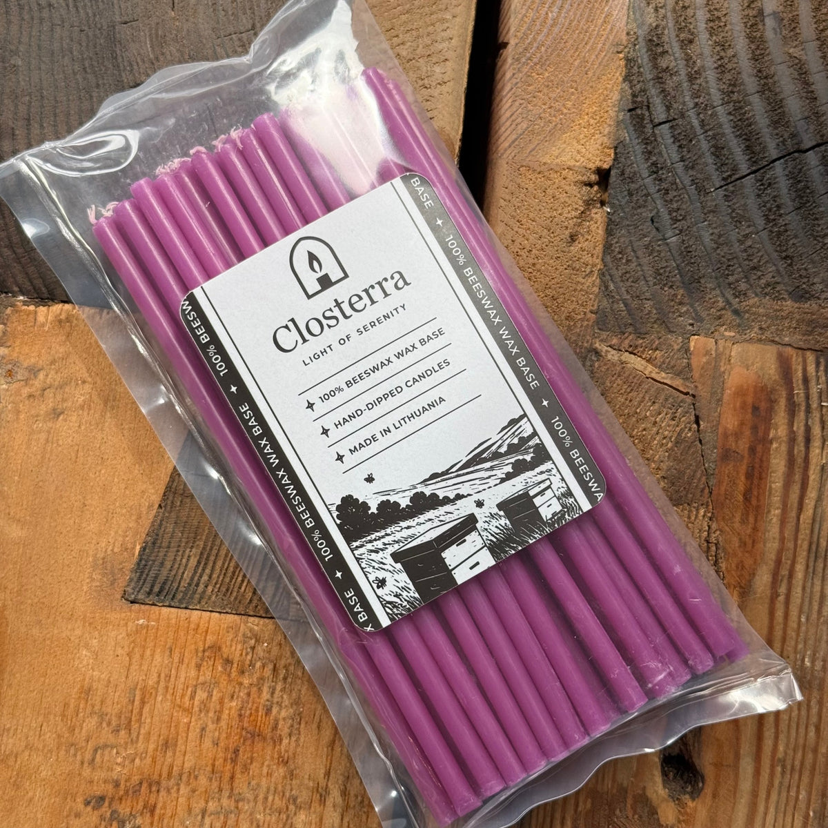 7.3 inch purple beeswax ritual candles, pack of 50 in Closterra packaging