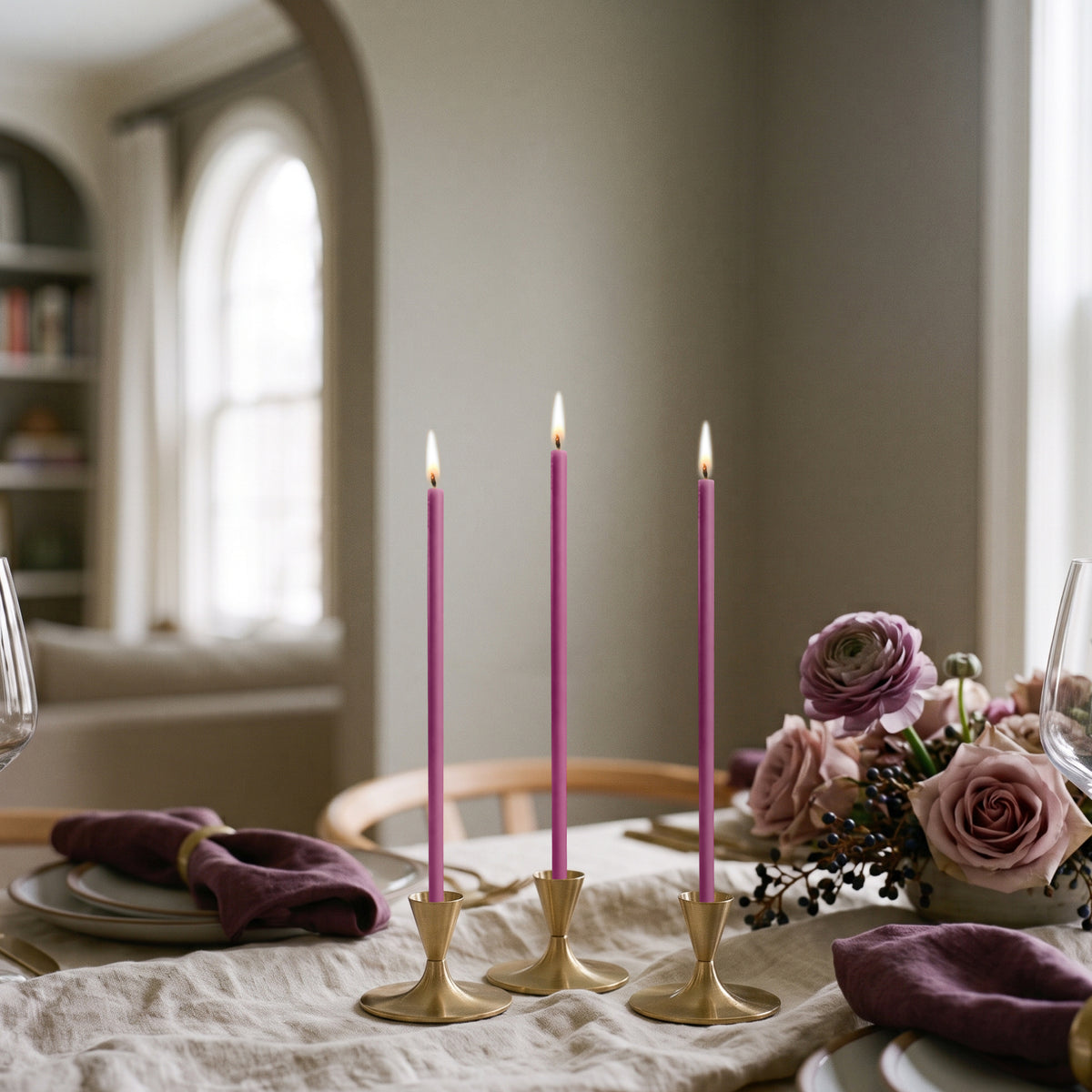 Purple beeswax taper candles 6.5″, styled on dining table