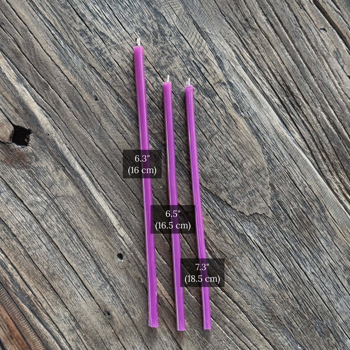Purple beeswax taper candles size comparison chart