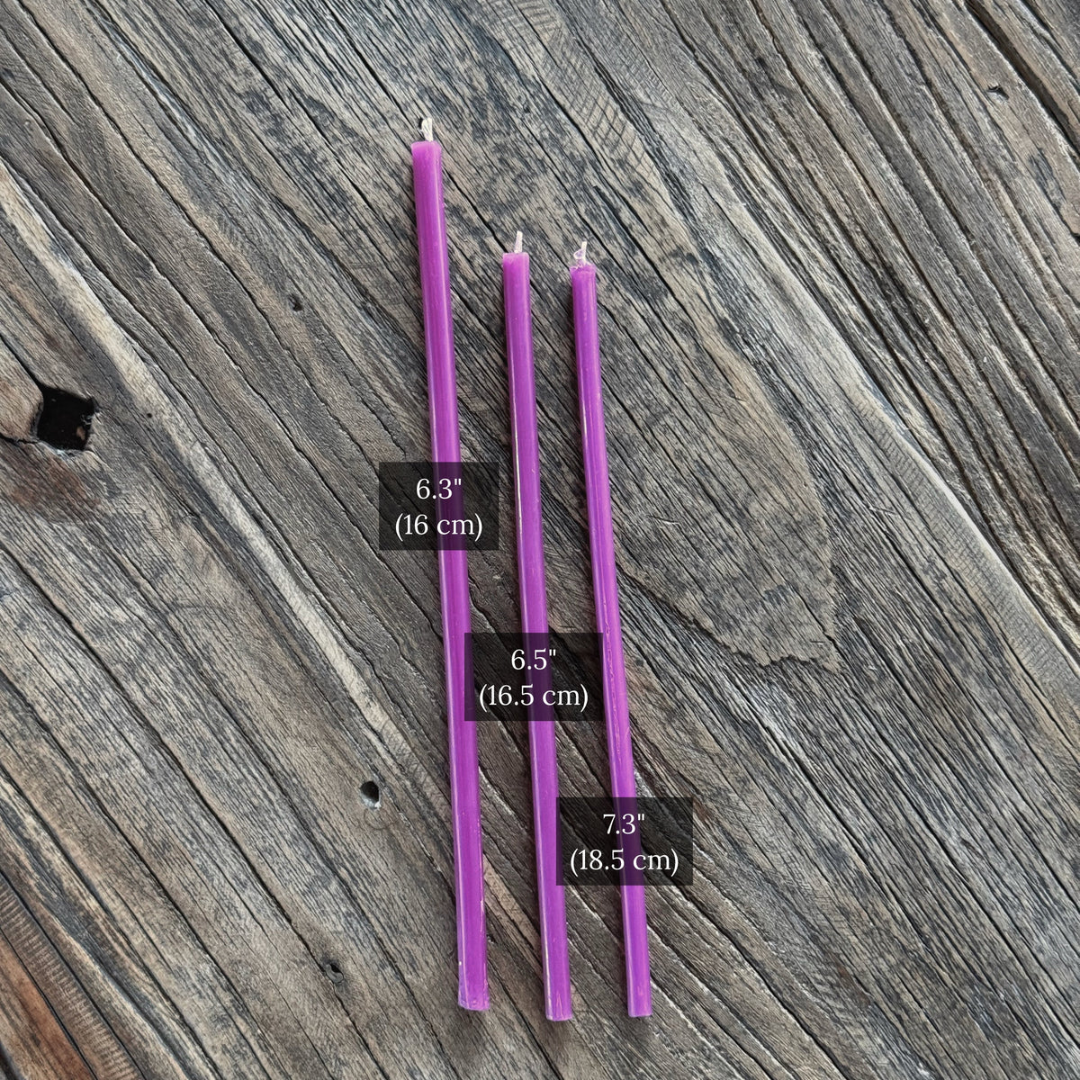Purple beeswax ritual candles size comparison chart